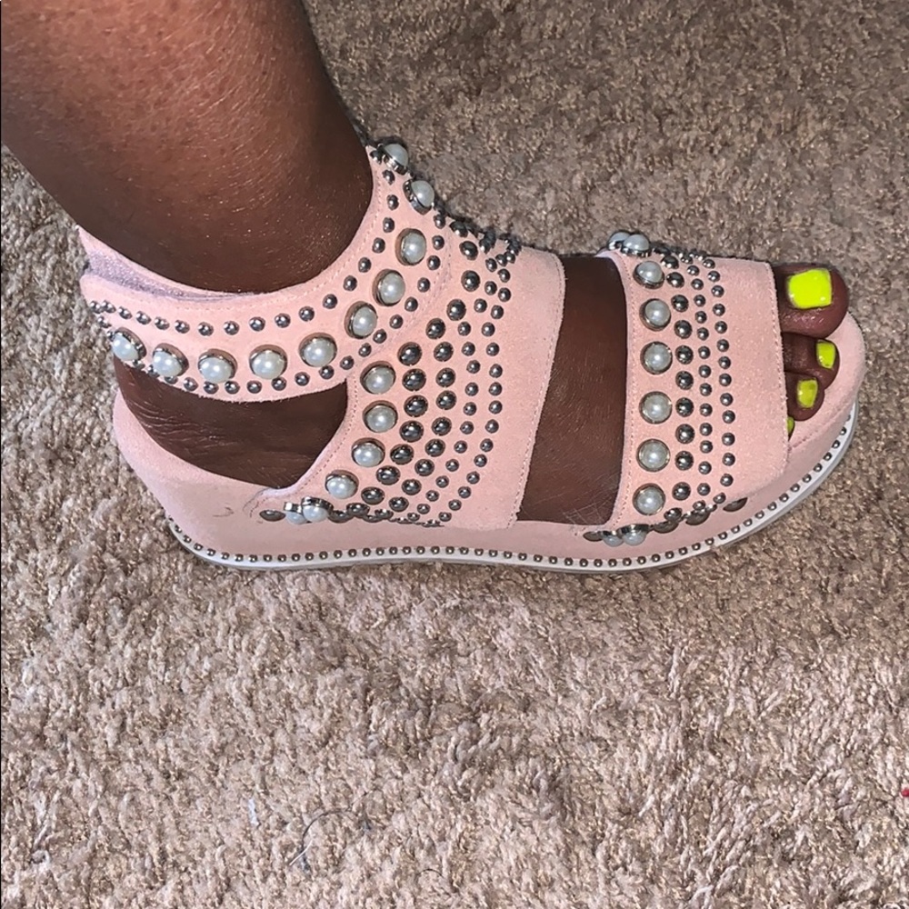 Pink suede pearl and silver trimmed sandals as is